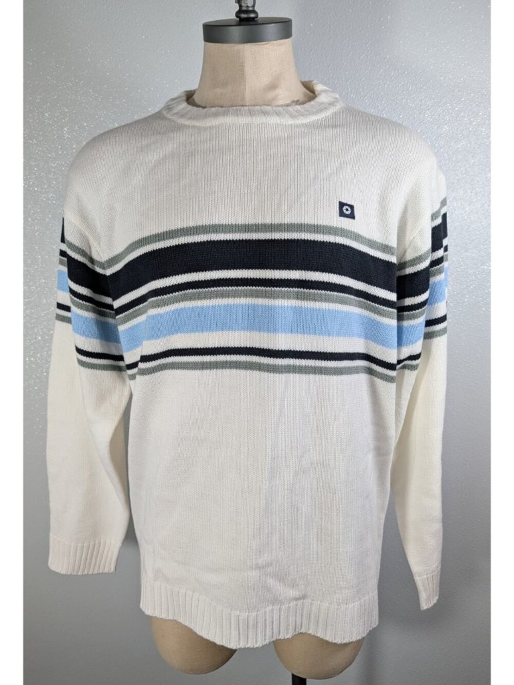 Southpole Mens White Striped Crewneck Sweater Size L Acrylic Knit